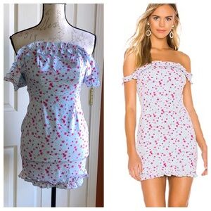 Super Down Cruz Off Shoulder Floral Ruffle Hem Dress Blue Pink sz XSmall